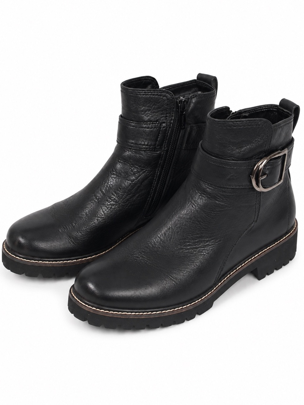 Blondo Waterproof Black Leather Ankle Boots 7.5 Lug Sole Buckle Moto Booties